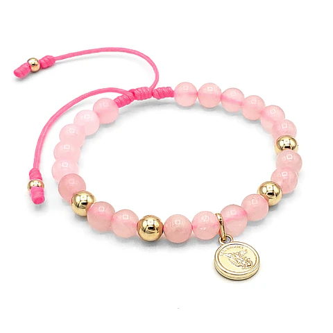 Pulsera Arcángel San Miguel Cuarzo Rosado Oro Laminado 18K