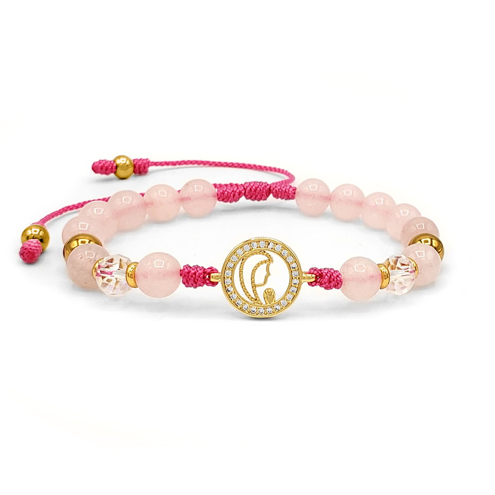 Pulsera con Virgen Piedra Cuarzo Rosado Acero