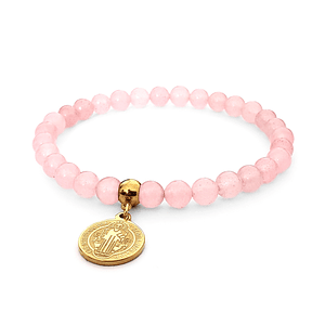 Pulsera con Piedra Cuarzo Rosado y San Benito Acero