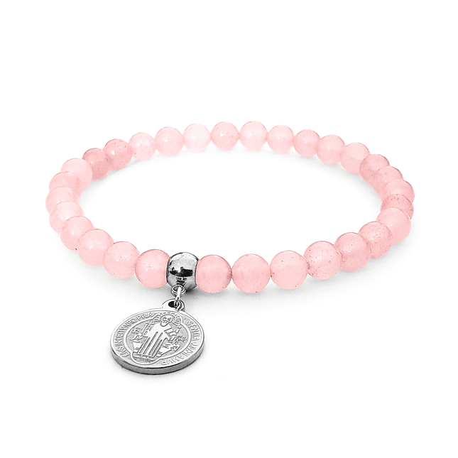 Pulsera con Piedra Cuarzo Rosado y San Benito Acero 2
