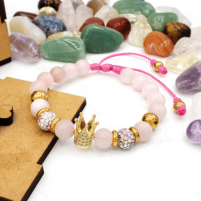 Pulsera con Piedra Cuarzo Rosado Acero y Corona