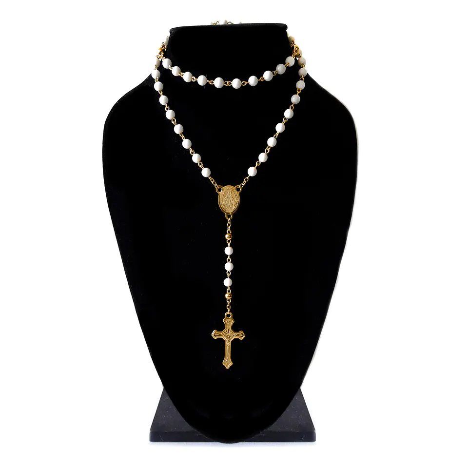Rosario Acero Dorado Piedra Ónix Blanco 6mm 1