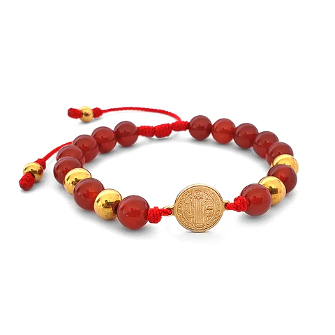 Pulsera con Medalla de San Benito Acero Cornalina 8mm