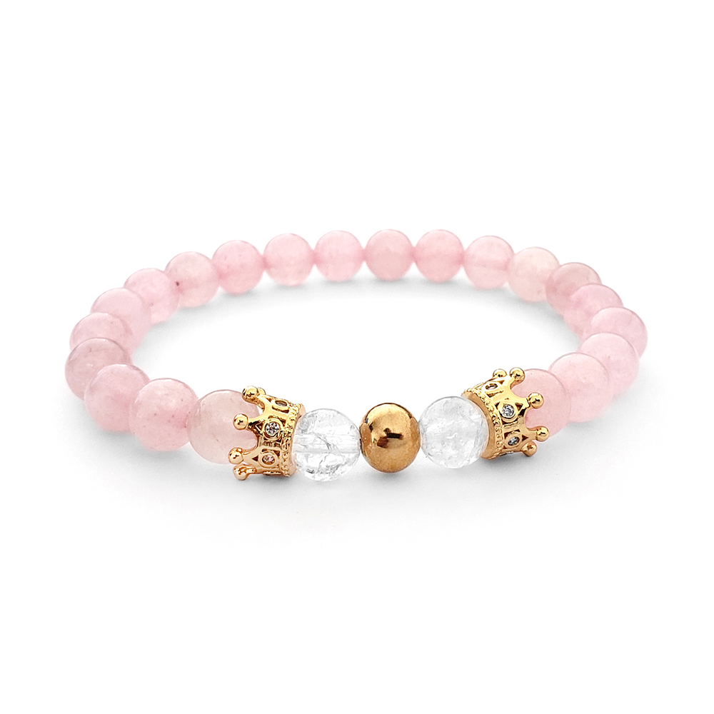 Pulsera con Piedra Cuarzo Rosado Cuarzo Cristal y Coronas