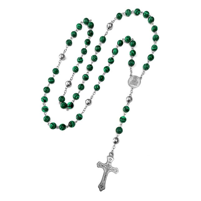 Rosario Acero Plateado Piedra Malaquita 8mm 1