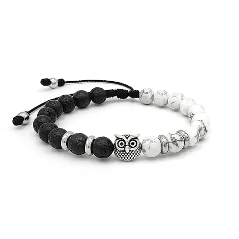 Pulsera con Búho Piedra Volcánica Howlita y Acero