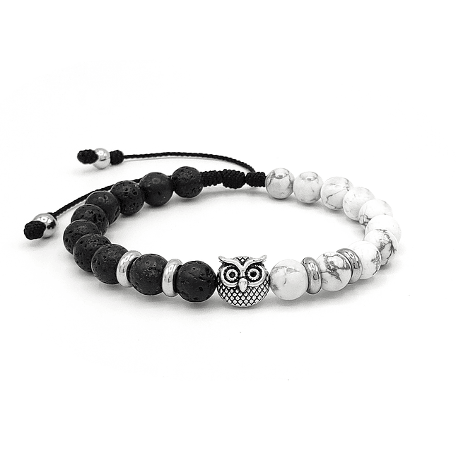 Pulsera con Búho Piedra Volcánica Howlita y Acero 1