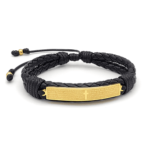 Pulsera Placa Padrenuestro Cuero Trenzado Acero