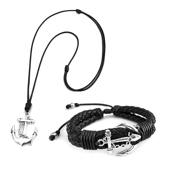 Pulsera y Collar con Anclas Cuero Trenzado  1
