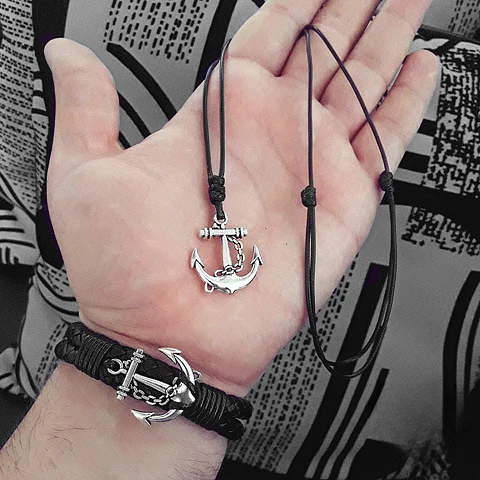 Pulsera y Collar con Anclas Cuero Trenzado 