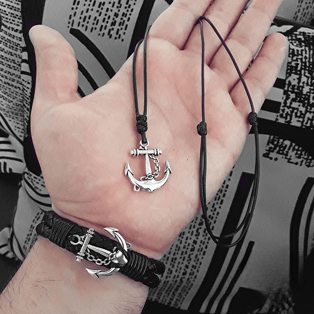 Pulsera y Collar con Anclas Cuero Trenzado  2