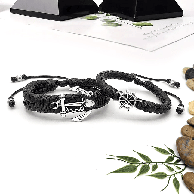 Pulseras Timón y Ancla para Parejas Cuero Trenzado  3