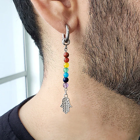 Arete Solitario 7 Chakras con Mano de Fátima Hamsa