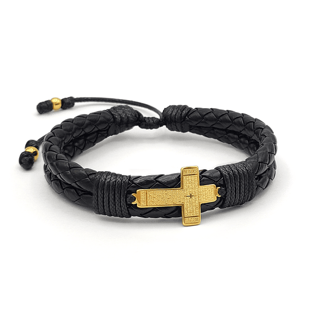 Pulsera Cruz Padrenuestro Acero Cuero Trenzado 2