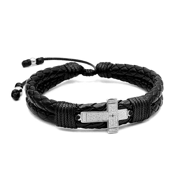 Pulsera Cruz Padrenuestro Acero Cuero Trenzado 1