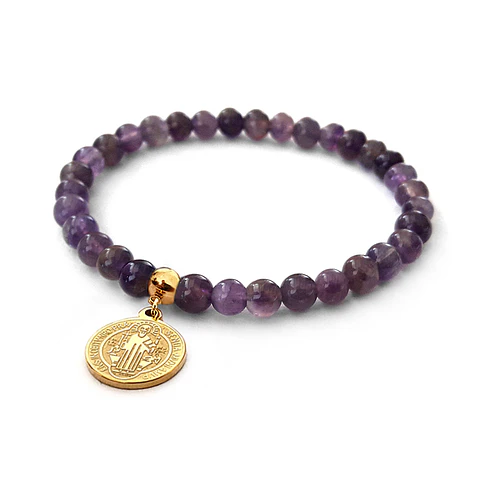 Pulsera San Benito Piedra Amatista Acero