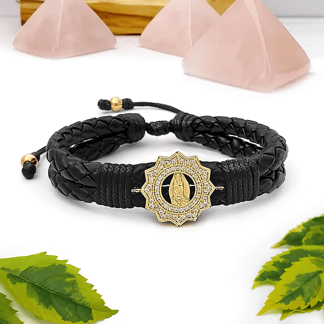 Pulsera Virgen de Guadalupe Cuero Trenzado Acero Rodio 2