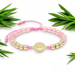 Pulsera Corona Cuarzo Rosado Oro Laminado 18k