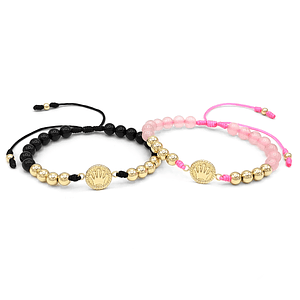 Pulseras para Parejas Coronas Cuarzo Rosado Ónix Oro Laminado 18K