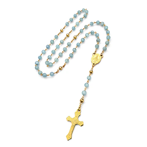 Rosario Piedra Aguamarina Acero Dorado 6mm