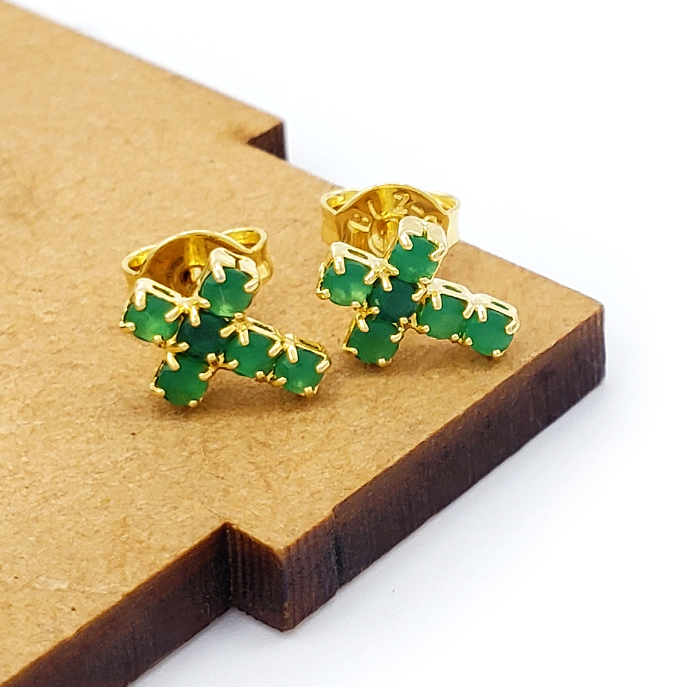 Topos Aretes Cruz Cristales Verdes Oro Laminado 18k