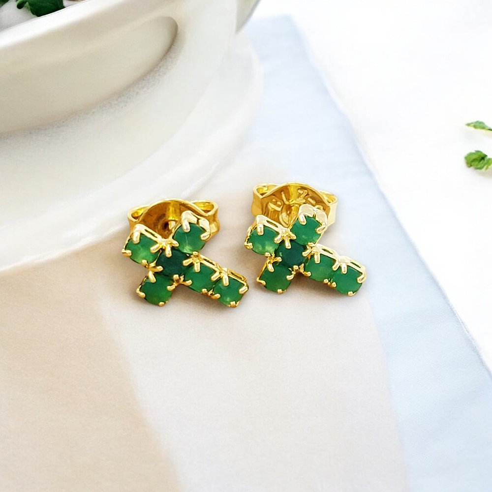 Topos Aretes Cruz Cristales Verdes Oro Laminado 18k