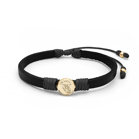 Pulsera San Miguel Arcángel Cuero Oro Laminado 18k