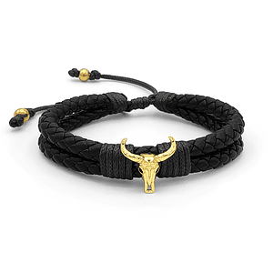 Pulsera Cráneo de Toro Cuero Trenzado Acero Rodio