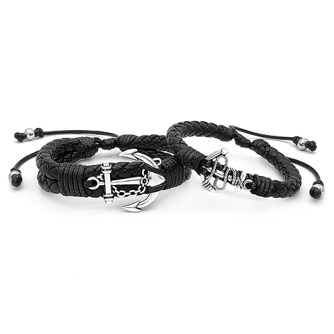 Pulseras para Parejas con Anclas Cuero Trenzado