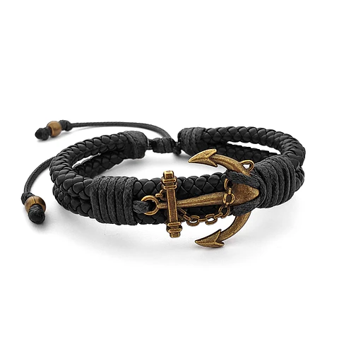 Pulsera Ancla Cuero Trenzado Negro Doble