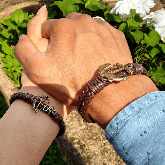 Pulseras con Anclas para Parejas Cuero Trenzado 4