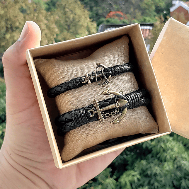 Pulseras con Anclas para Parejas Cuero Trenzado 2