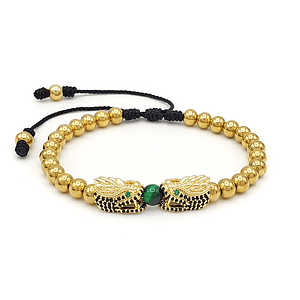 Pulsera Dragón Chino Acero Dorado Ojo de Tigre Verde