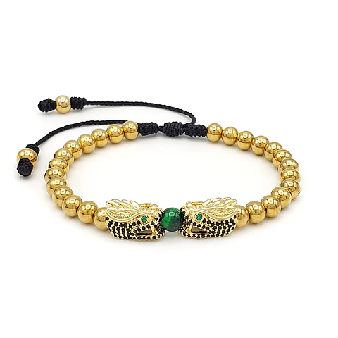 Pulsera Dragón Chino Acero Dorado Ojo de Tigre Verde