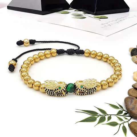Pulsera Dragón Chino Acero Dorado Ojo de Tigre Verde