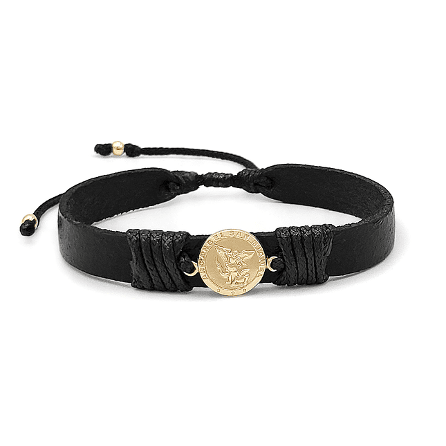 Pulsera Arcángel San Miguel Cuero Oro Laminado 18k 1