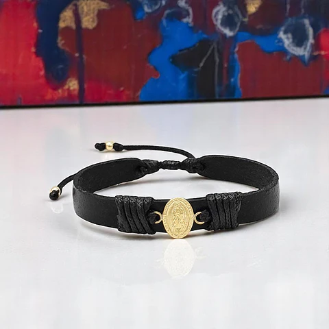 Pulsera Virgen Guadalupe Cuero Oro Laminado 18k