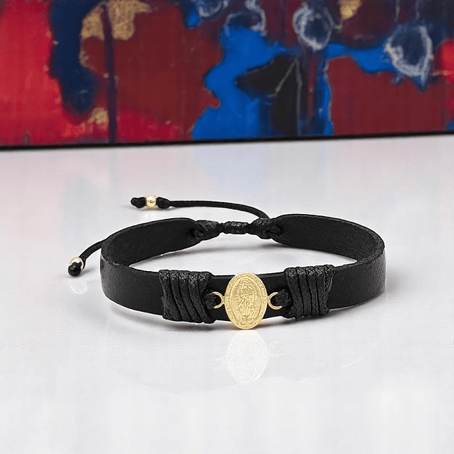 Pulsera Virgen Guadalupe Cuero Oro Laminado 18k 2