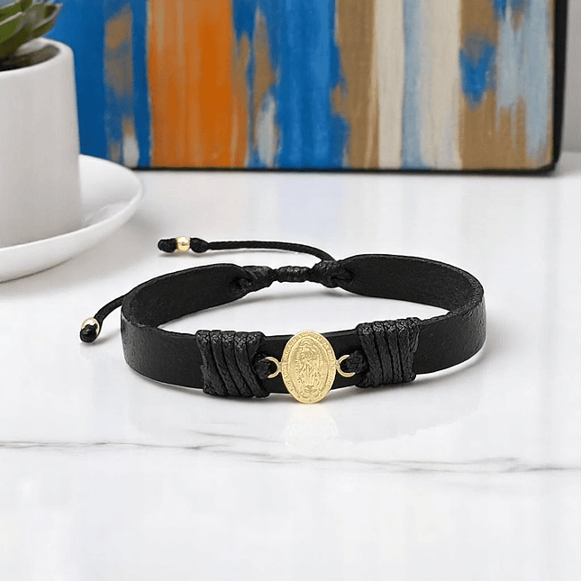 Pulsera Virgen Guadalupe Cuero Oro Laminado 18k 3