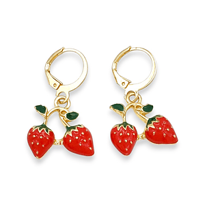 Aretes con Dijes de Fresas Rojo Rodio 