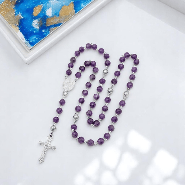 Camándula Rosario Piedra Amatista Acero 8mm 6