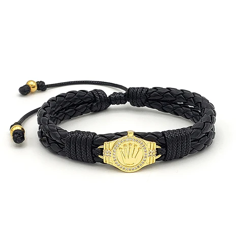 Pulsera Placa Corona Dorada Cuero Trenzado