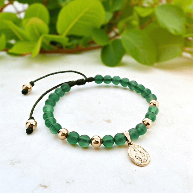 Pulsera Virgen Milagrosa Piedra Jade y Oro Laminado 18k 3