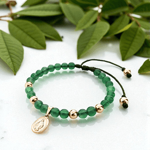 Pulsera Virgen Milagrosa Piedra Jade y Oro Laminado 18k