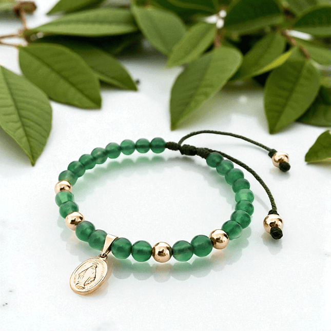 Pulsera Virgen Milagrosa Piedra Jade y Oro Laminado 18k 2