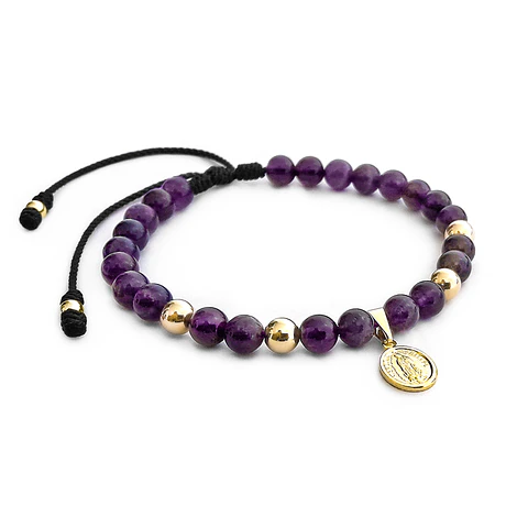 Pulsera Piedra Amatista Virgen Guadalupe Oro Laminado 18k