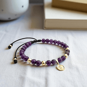 Pulsera Piedra Amatista Virgen Guadalupe Oro Laminado 18k