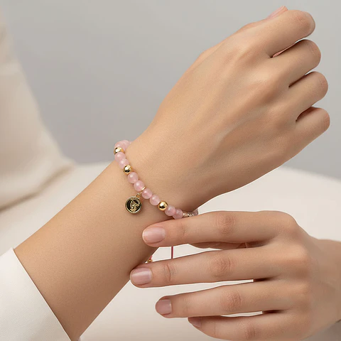 Pulsera Arcángel San Miguel Cuarzo Rosado Oro Laminado 18K