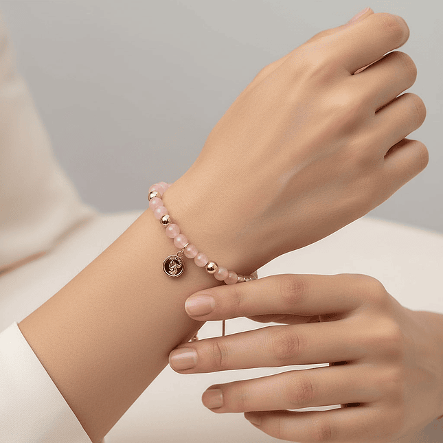 Pulsera Arcángel San Miguel Cuarzo Rosado Oro Laminado 18K 2