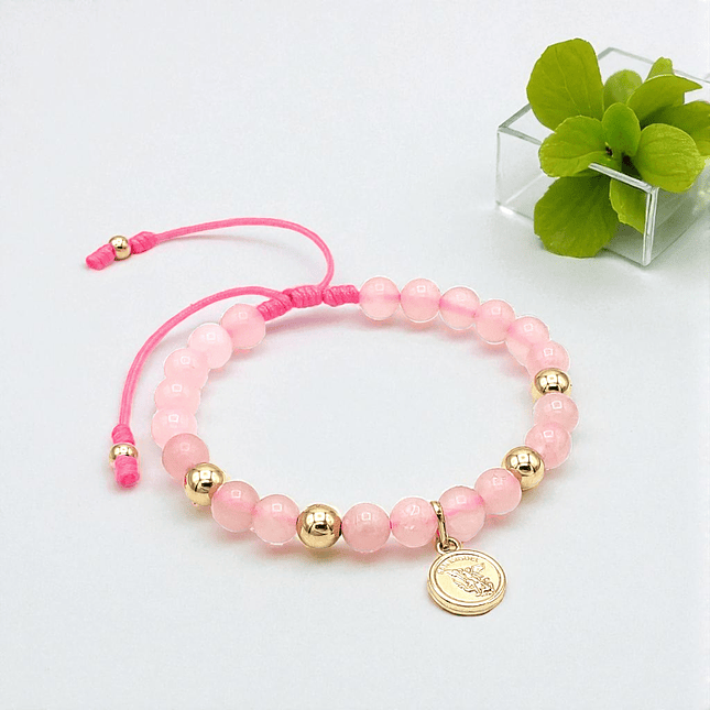 Pulsera Arcángel San Miguel Cuarzo Rosado Oro Laminado 18K 3